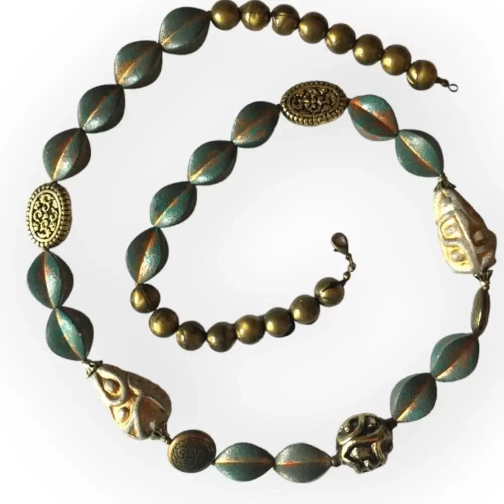 Teal / bronze / gold tone mixed textures statement necklace